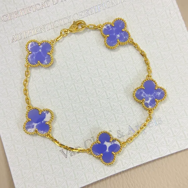 Van Cleef & Arpels Alhambra Five Motif Blue Marbled Stone Bracelet 2