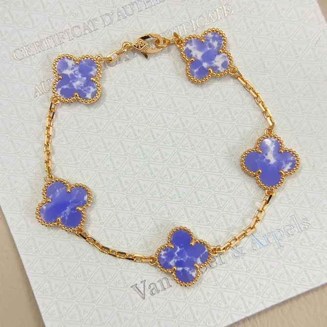 Van Cleef & Arpels Alhambra Five Motif Blue Marbled Stone Bracelet 3