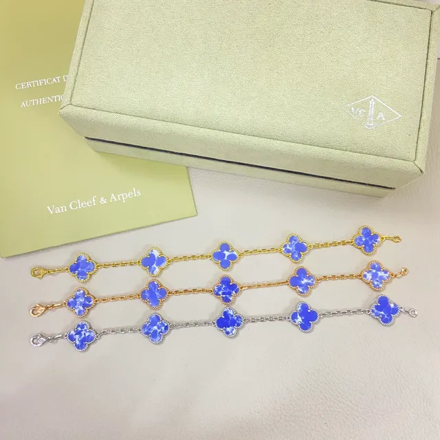 Van Cleef & Arpels Alhambra Five Motif Blue Marbled Stone Bracelet 4