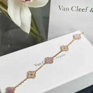 Van Cleef & Arpels Alhambra Five Motif Pink Stone and Pavé Crystal Bracelet