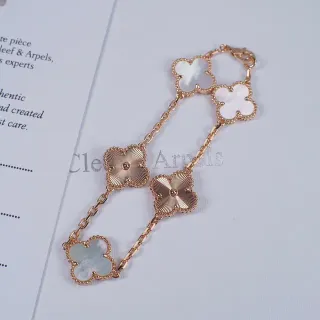 Van Cleef & Arpels Alhambra Five-Motif Rose Gold Mother-of-Pearl and Guilloché Enamel Bracelet