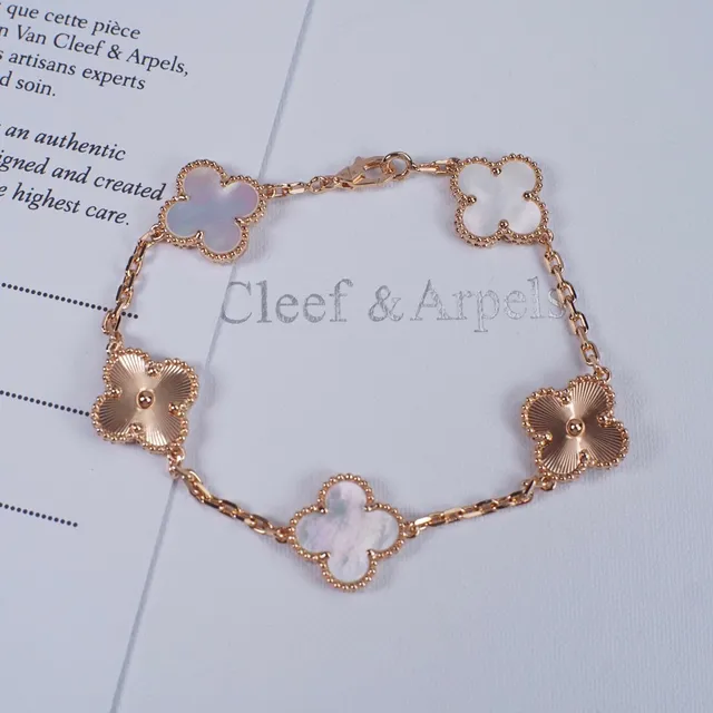 Van Cleef & Arpels Alhambra Cinq Motifs Or Rose Mère-de-Perle et Émail Guilloché Bracelet 5