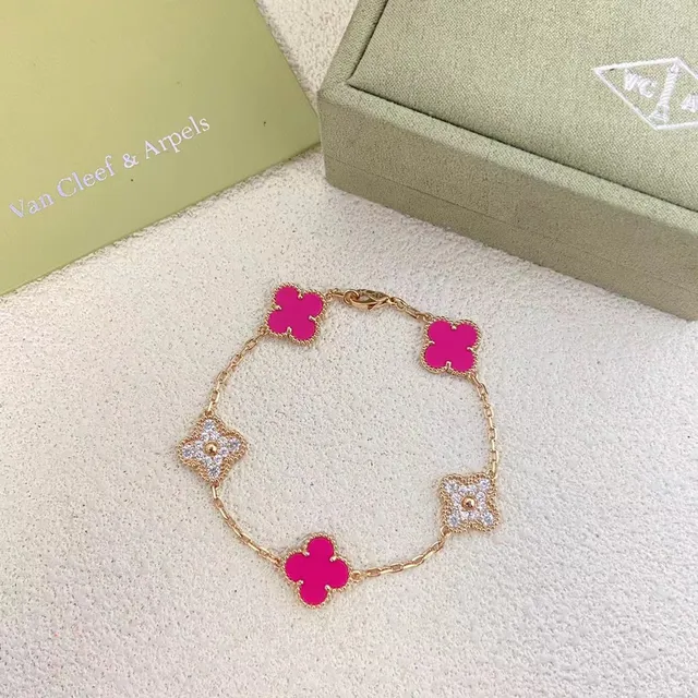 Van Cleef & Arpels Alhambra Fuchsia Enamel and Pavé Diamond Bracelets 2