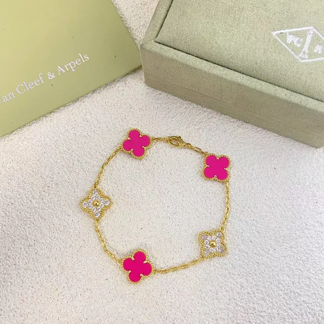 Van Cleef & Arpels Alhambra Fuchsia Enamel and Pavé Diamond Bracelets 3