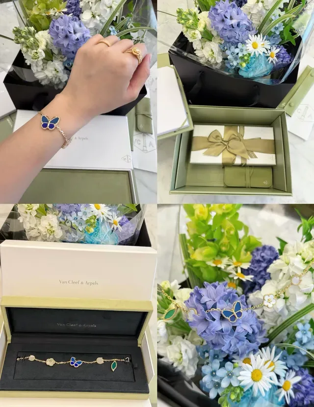 Van Cleef & Arpels Frivole नीला और सफेद एनामेल तितली चैरम ब्रेसलेट 6