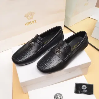 Versace 黑色银色鳄鱼纹皮革 Medusa 头金属扣乐福鞋