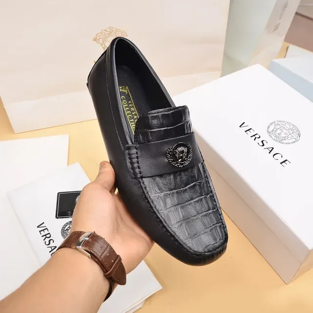 Versace Loafer Negro Plata Cuero Croc-Embossed Cabeza Medusa Hebilla Metal 6
