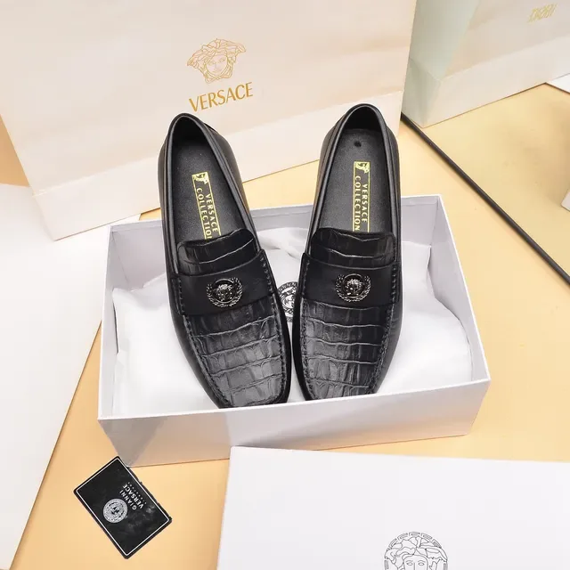 Versace Loafer Negro Plata Cuero Croc-Embossed Cabeza Medusa Hebilla Metal 8