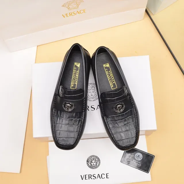 Versace Loafer Negro Plata Cuero Croc-Embossed Cabeza Medusa Hebilla Metal 9