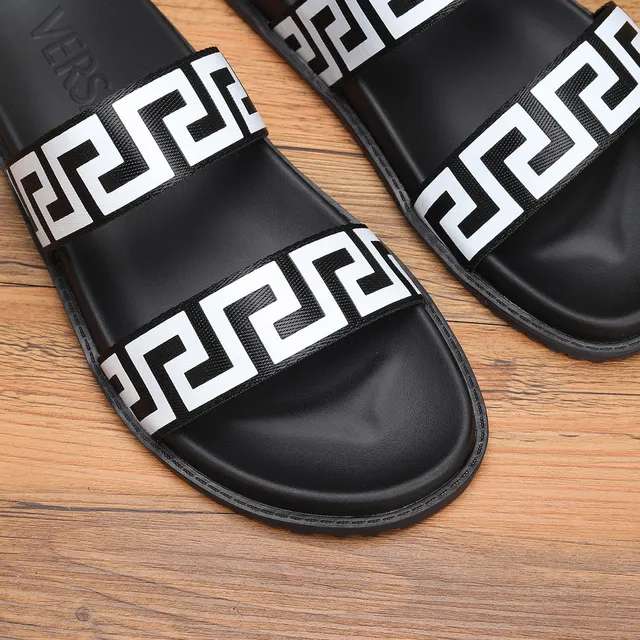 Versace Black White Double-Strap Greek Key Pattern Slippers 5