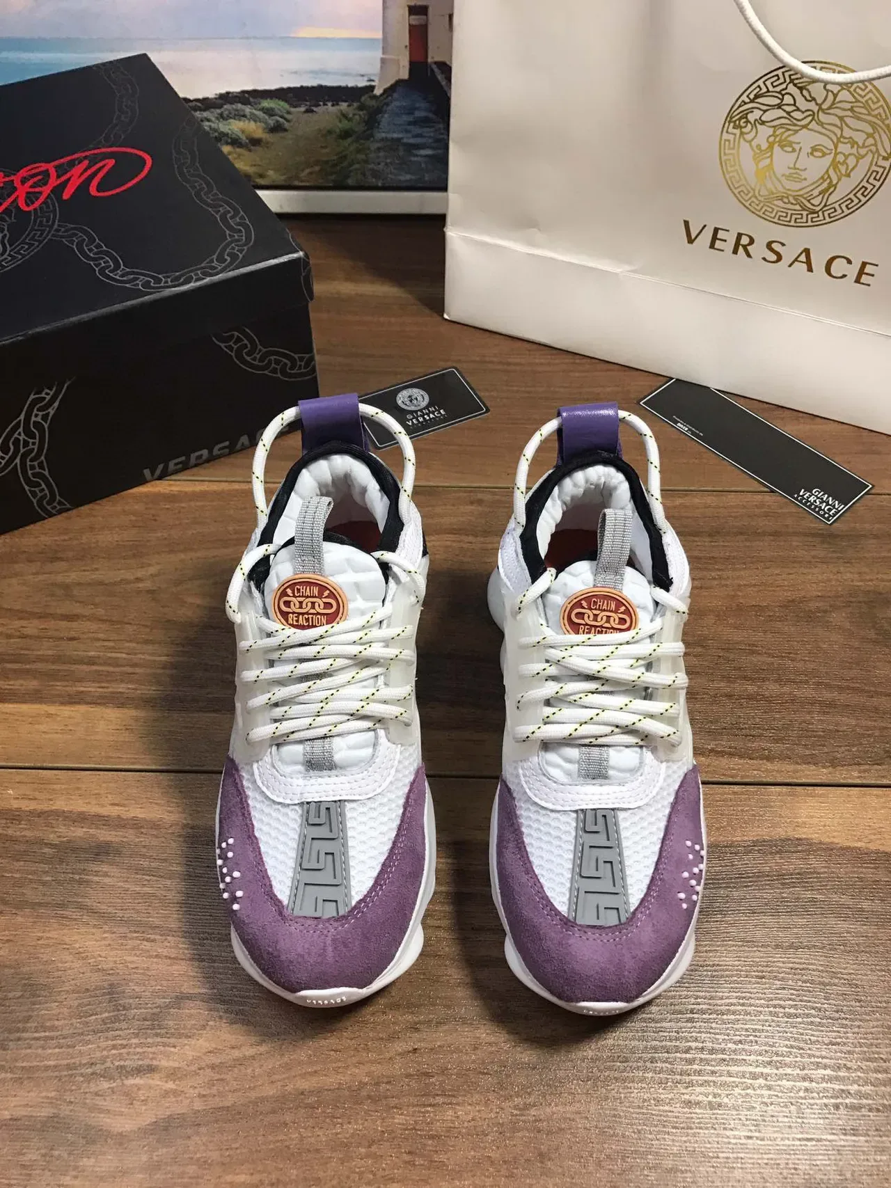 Versace Chain Reaction White Purple Sole Translucent Cage Overlay Chunky Sneakers 9