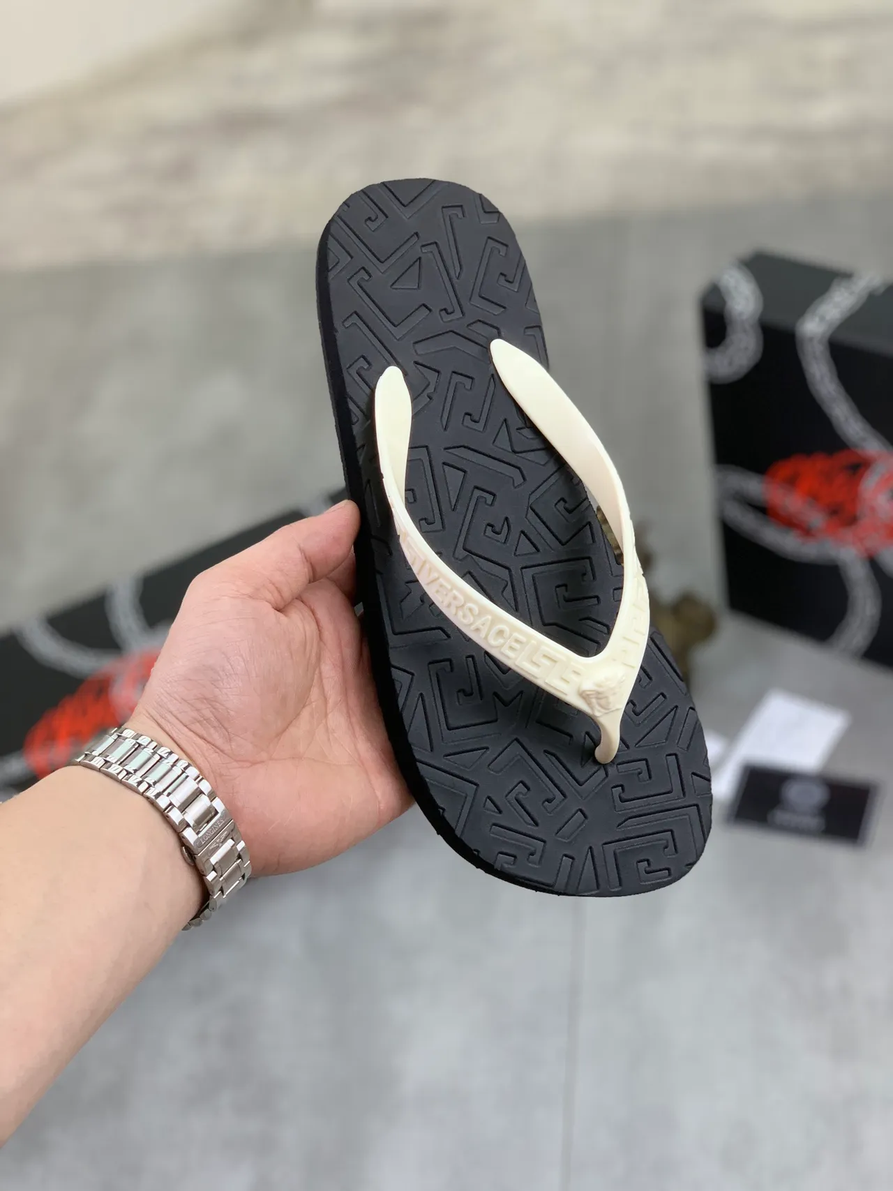 Versace Greca Flip-Flop Black White Embossed Pattern Medusa Head Detail Slippers 10
