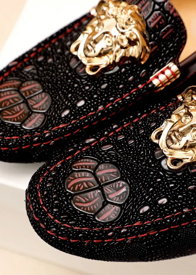 Versace Medusa Black Gold Head Hardware Croc-Embossed Leather Loafer 5
