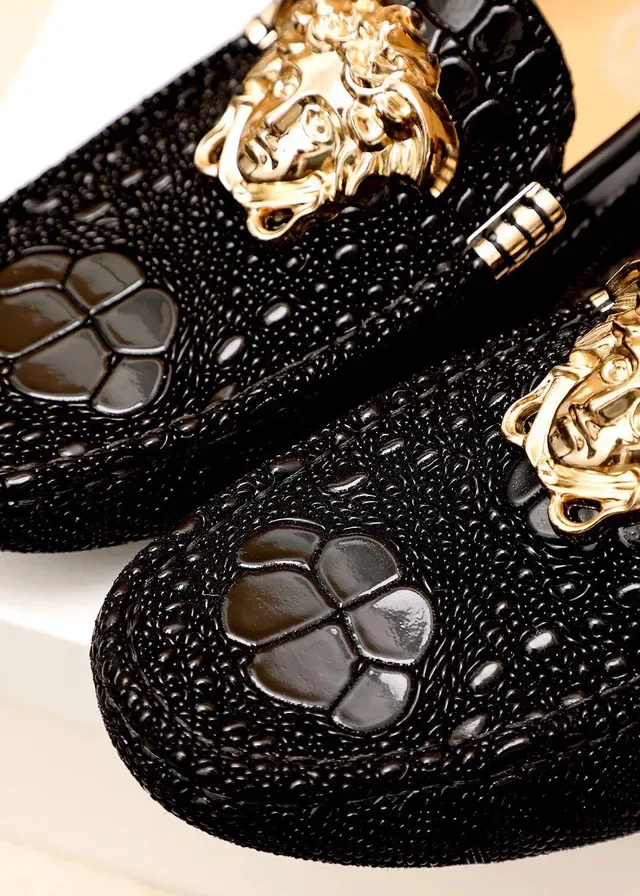 Versace Medusa Black Gold Head Hardware Croc-Embossed Leather Loafer 10