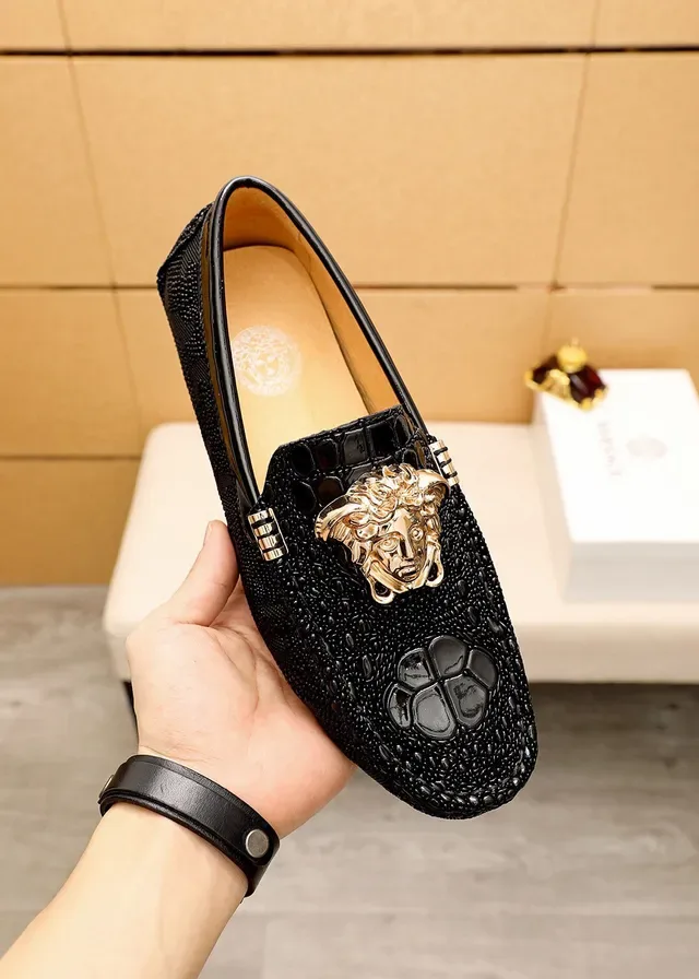 Versace Medusa Black Gold Head Hardware Croc-Embossed Leather Loafer 12