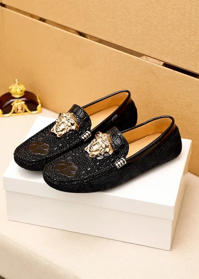Versace Medusa Black Gold Head Hardware Croc-Embossed Leather Loafer 13