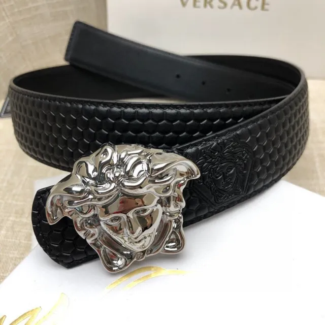 Versace Medusa Head Black Embossed Honeycomb Leather Belt 2