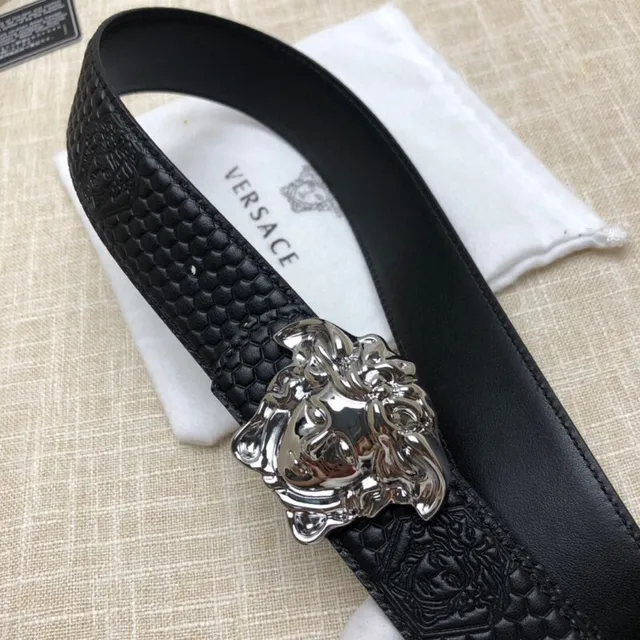 Versace Medusa Head Black Embossed Honeycomb Leather Belt 8