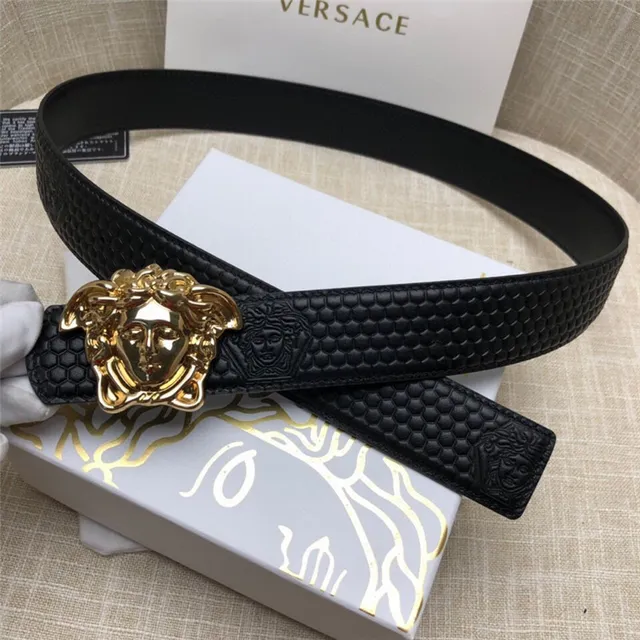Versace Medusa Head Black Embossed Honeycomb Leather Belt 12