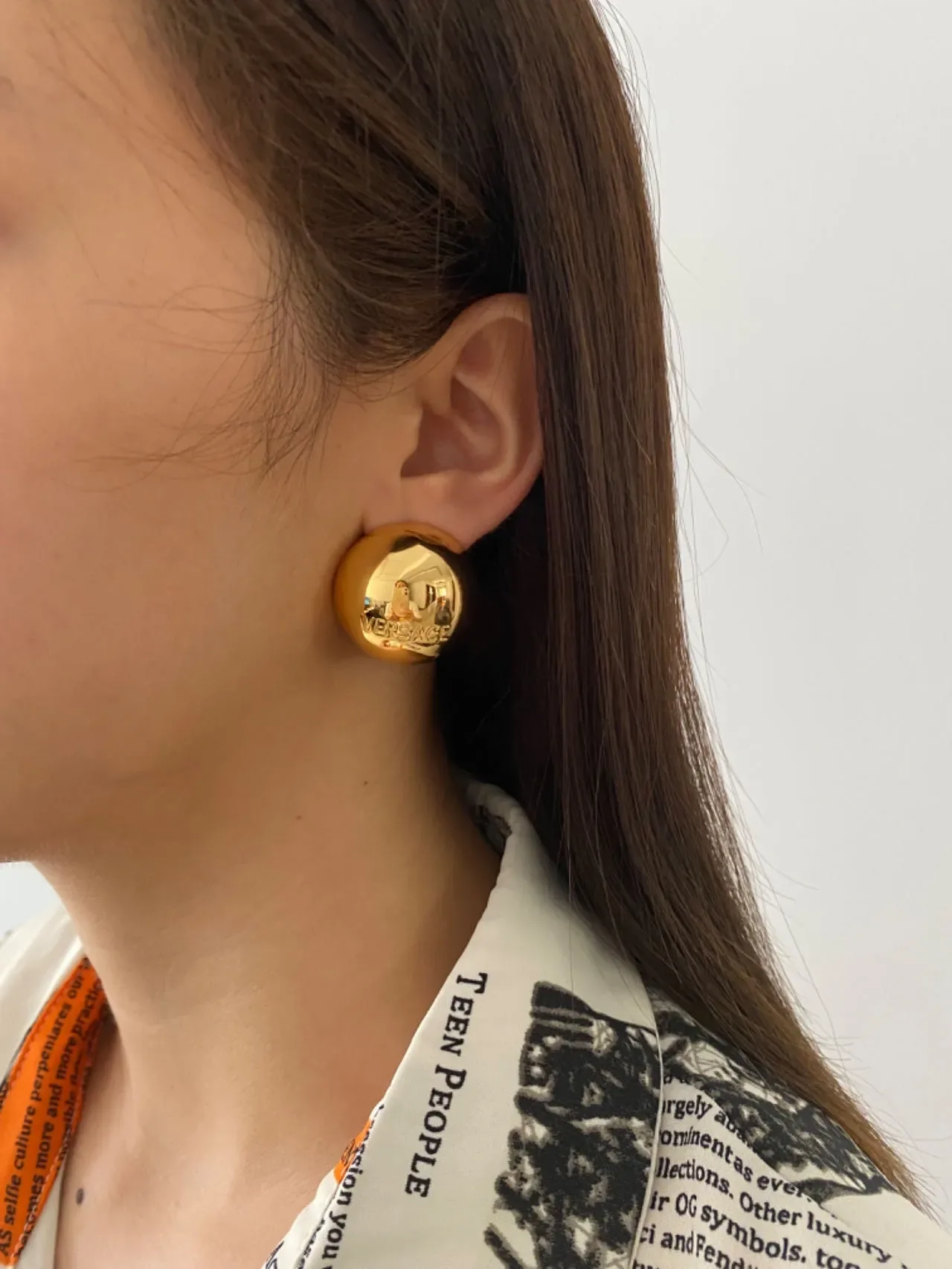 Versace Odissea Gold Silver Polished Spherical Engraved Logo Earrings 2