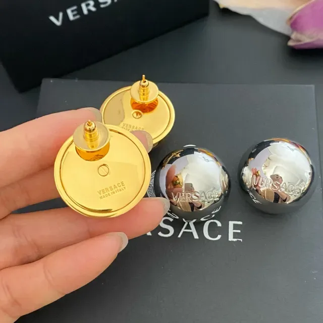 Versace Odissea Gold Silver Polished Spherical Engraved Logo Earrings 5