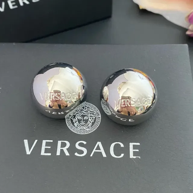 Versace Odissea Gold Silver Polished Spherical Engraved Logo Earrings 7