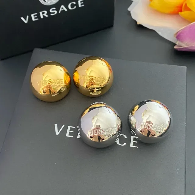 Versace Odissea Gold Silver Polished Spherical Engraved Logo Earrings 9