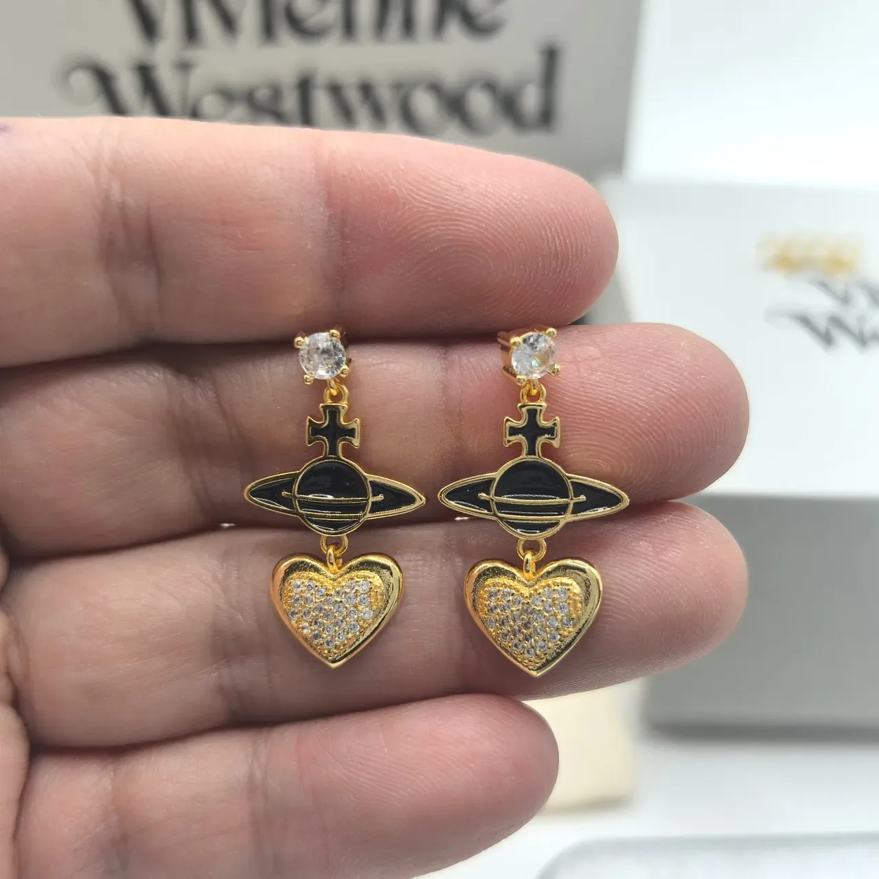 Vivienne Westwood Orb Heart Gold-Tone Black Enamel Pavé Crystal Earrings 3