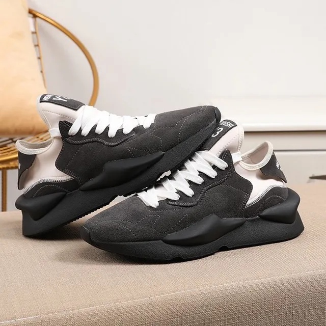 Y-3 Preto Branco Sola Esculpida Sola Mista Couro de Camurça e Tecido Superior Tênis Chunky 2