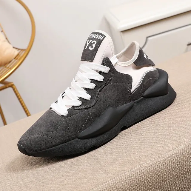 Y-3 Preto Branco Sola Esculpida Sola Mista Couro de Camurça e Tecido Superior Tênis Chunky 3