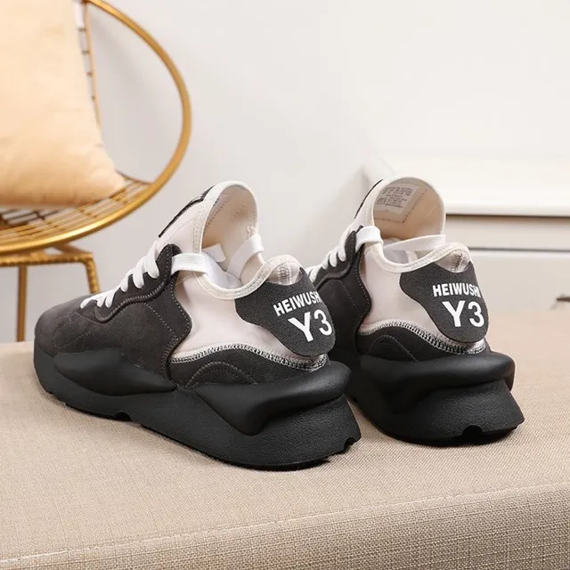 Y-3 Preto Branco Sola Esculpida Sola Mista Couro de Camurça e Tecido Superior Tênis Chunky 4