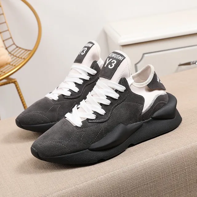 Y-3 Preto Branco Sola Esculpida Sola Mista Couro de Camurça e Tecido Superior Tênis Chunky 5