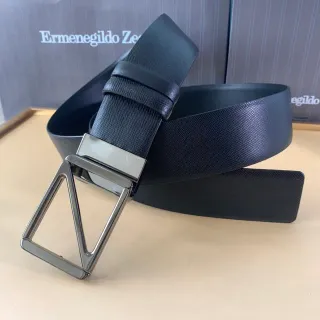 Ermenegildo Zegna काला चांदी बनावट चमकदार ज्यामितीय बकल चमड़ी बेल्ट