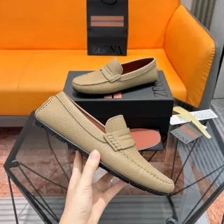 Zegna Beige Black Pebbled Leather Penny Strap Loafer