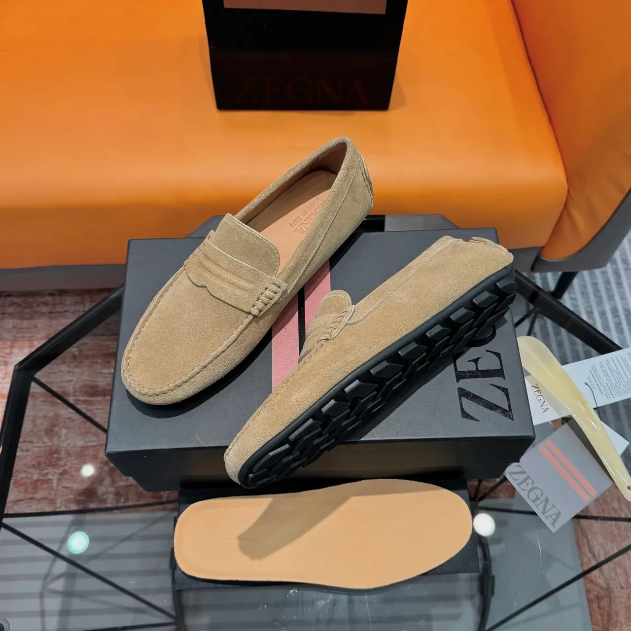 Zegna Beige Black Suede Upper Penny Strap Loafer 4