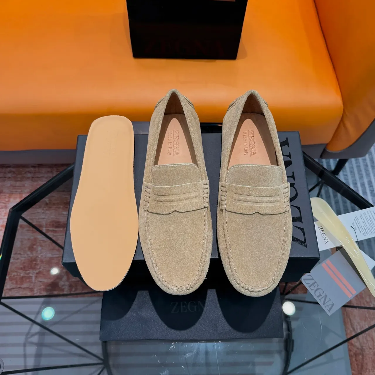 Zegna Beige Black Suede Upper Penny Strap Loafer 5