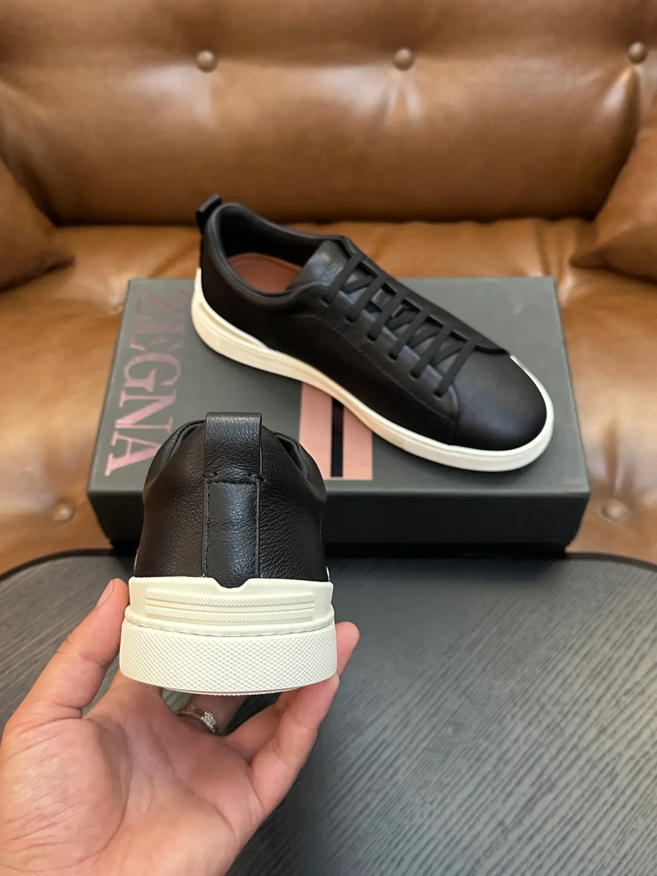 Zegna 黑色粒面皮革生活方式运动鞋 3