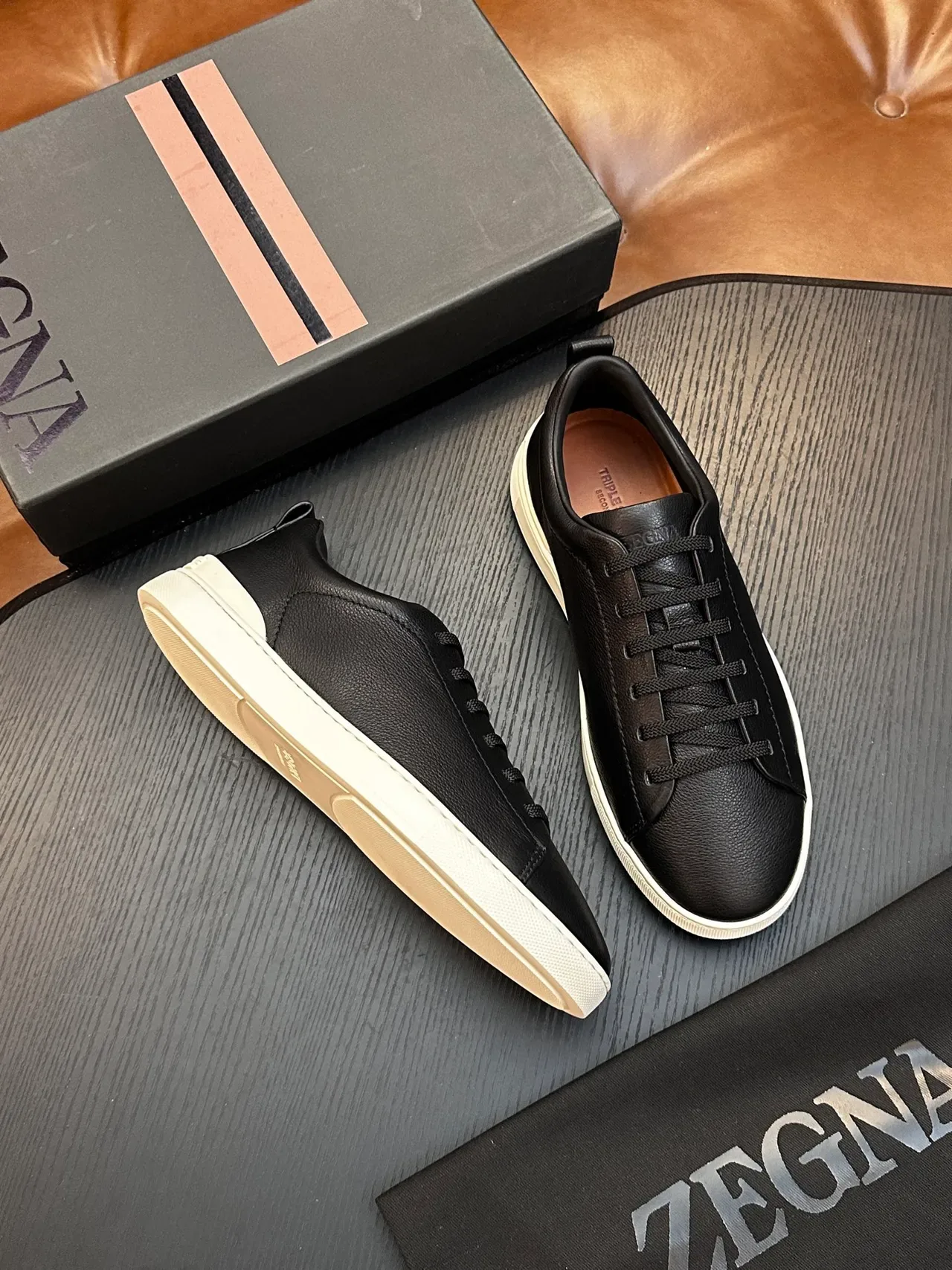 Zegna 黑色粒面皮革生活方式运动鞋 5