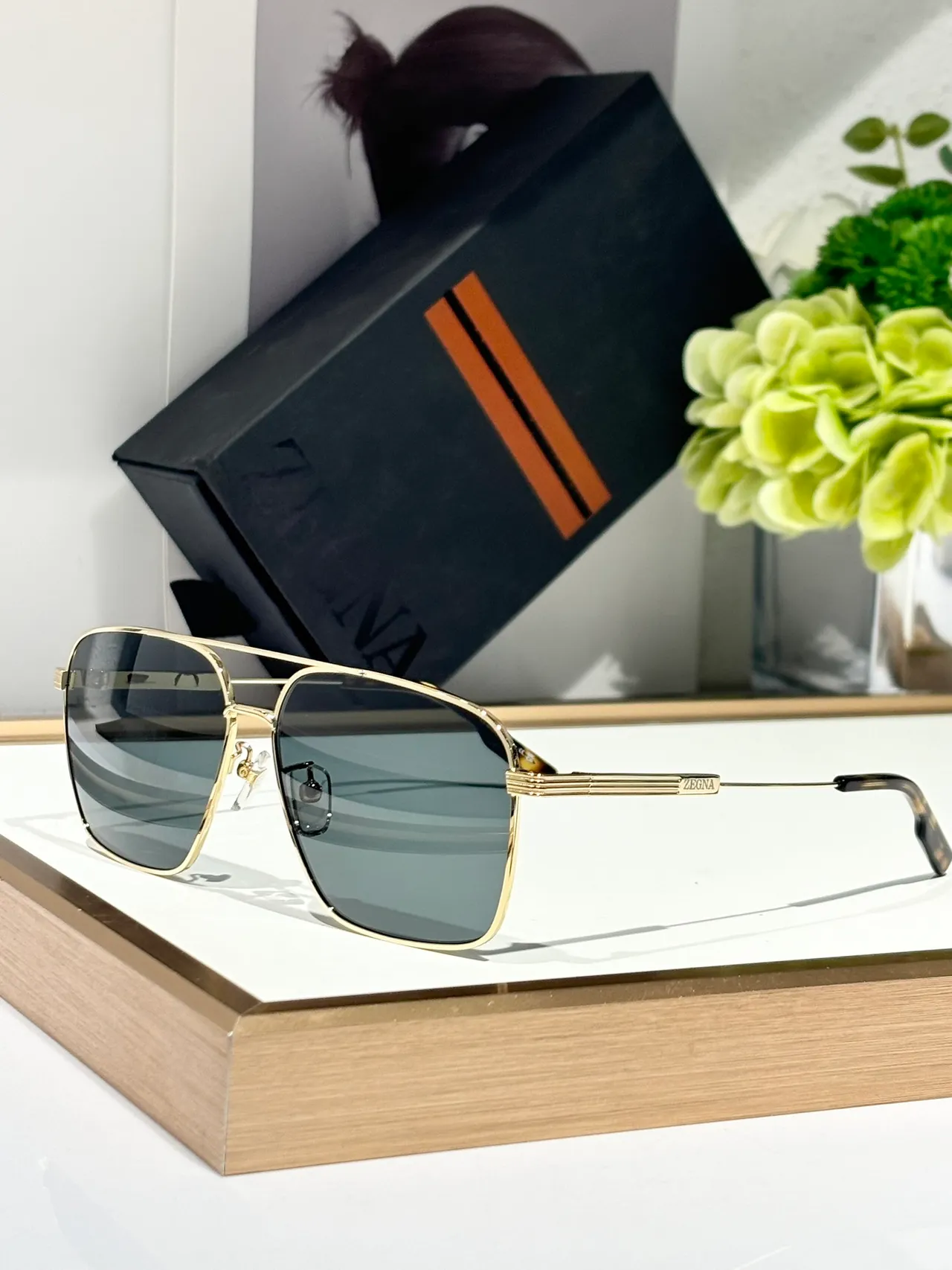 Zegna Gold Brown Rectangular Aviator Metal Sunglasses 5