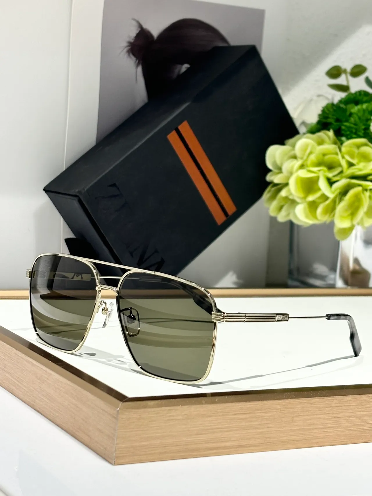 Zegna Gold Brown Rectangular Aviator Metal Sunglasses 6