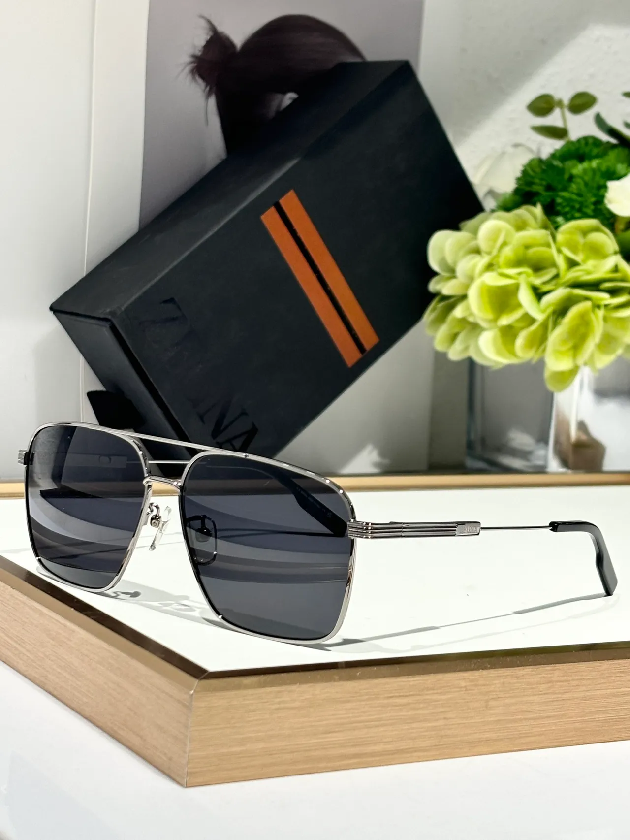 Zegna Gold Brown Rectangular Aviator Metal Sunglasses 7