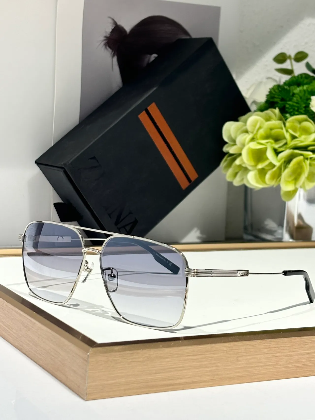 Zegna Gold Brown Rectangular Aviator Metal Sunglasses 8