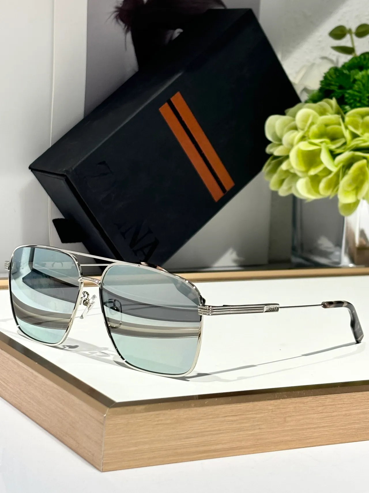 Zegna Gold Brown Rectangular Aviator Metal Sunglasses 9