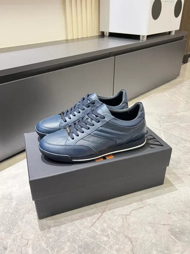 Zegna Navy Black Leather-Paneled Low-Top Lifestyle Sneakers 4