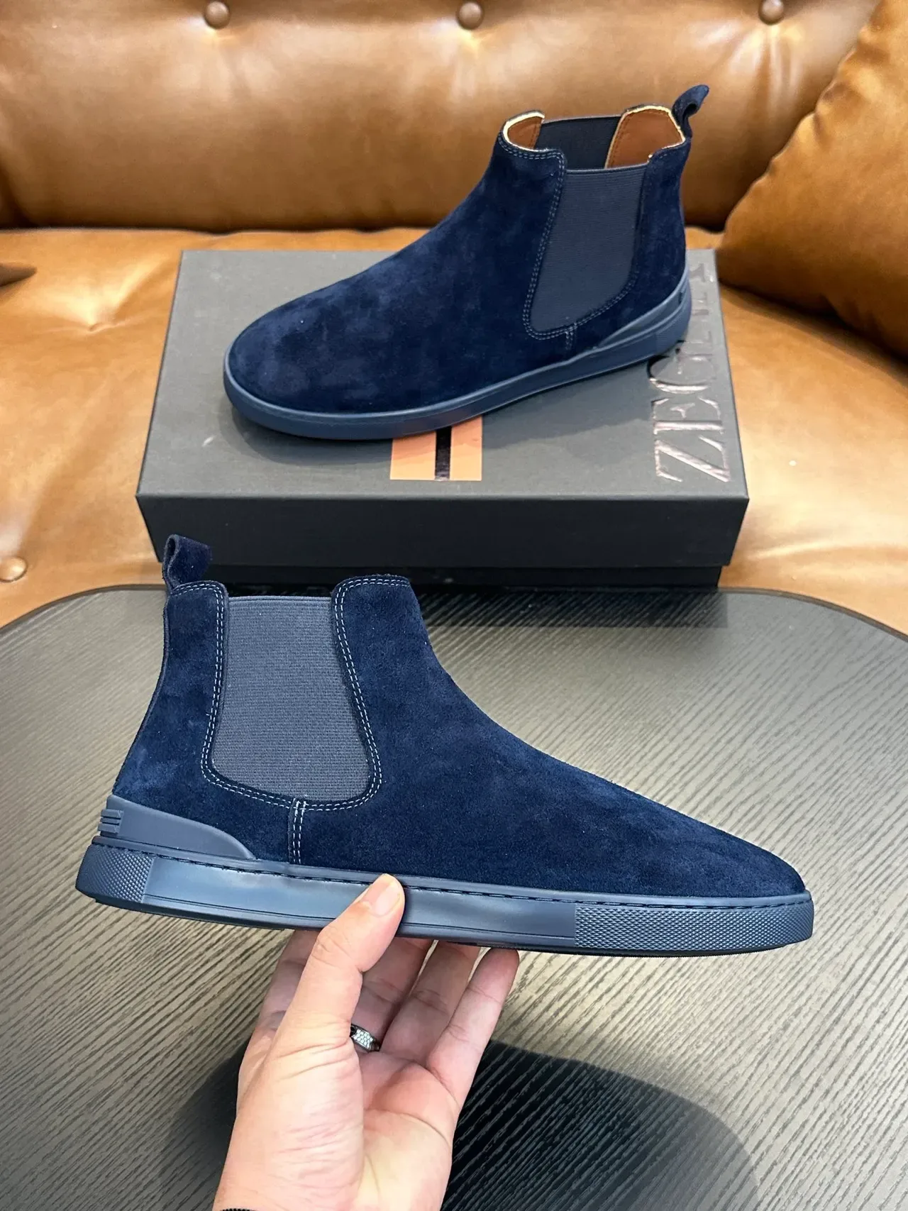 Zegna Navy Suede Chelsea Boots 4