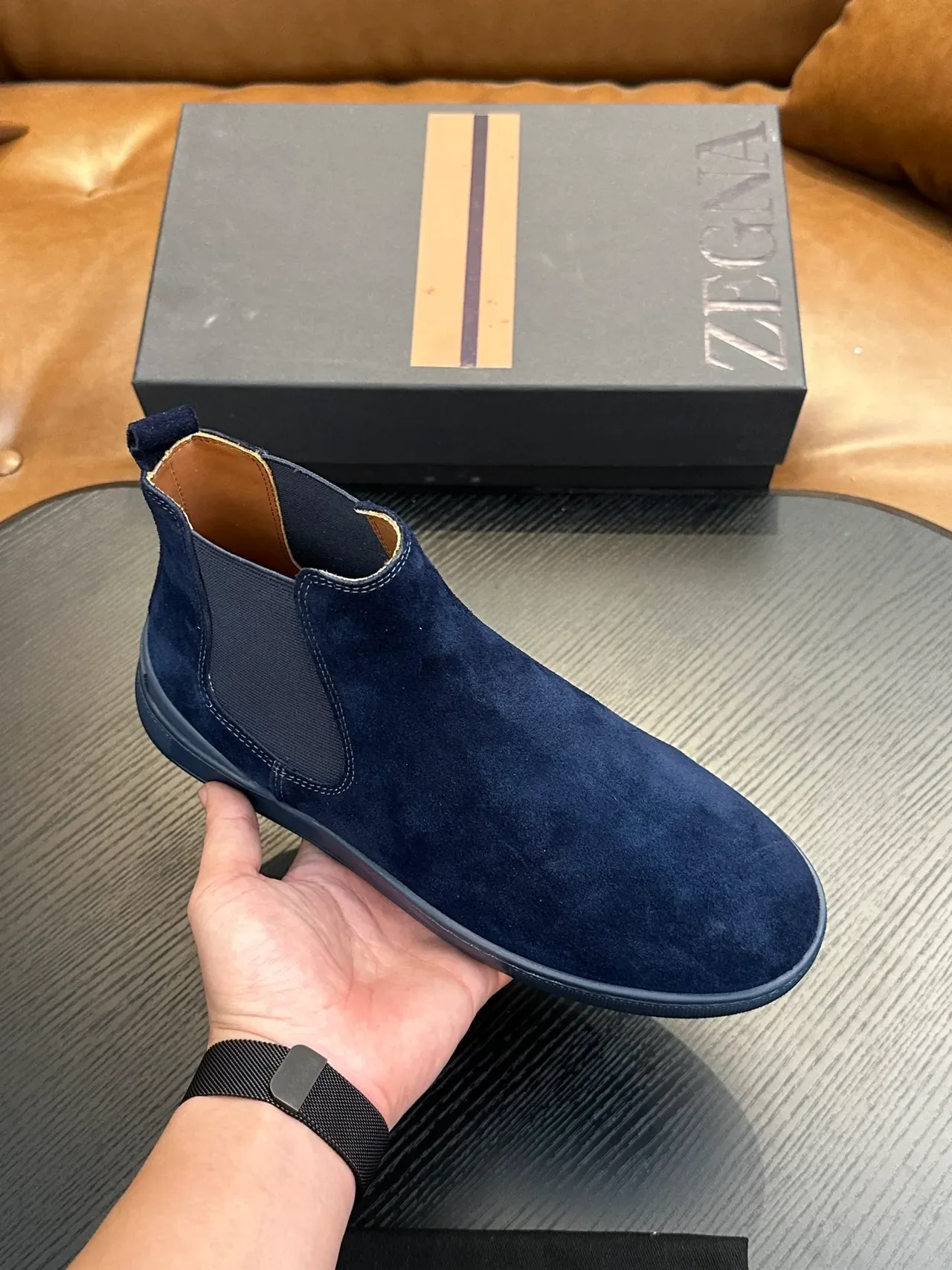 Zegna Navy Suede Chelsea Boots 5