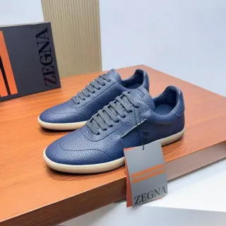 Zegna Navy Textured Leather Low-Top Lifestyle Sneakers
