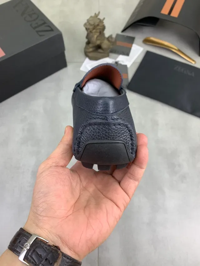 Zegna নেভি ব্রাউন পেবল্ড লেদার স্ট্র্যাপ পেনি লোফার 3