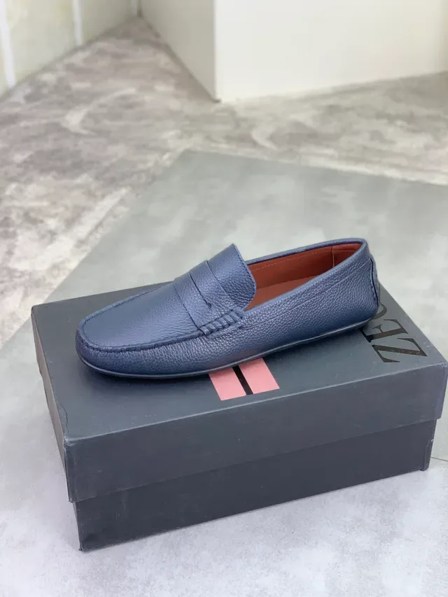 Zegna নেভি ব্রাউন পেবল্ড লেদার স্ট্র্যাপ পেনি লোফার 4