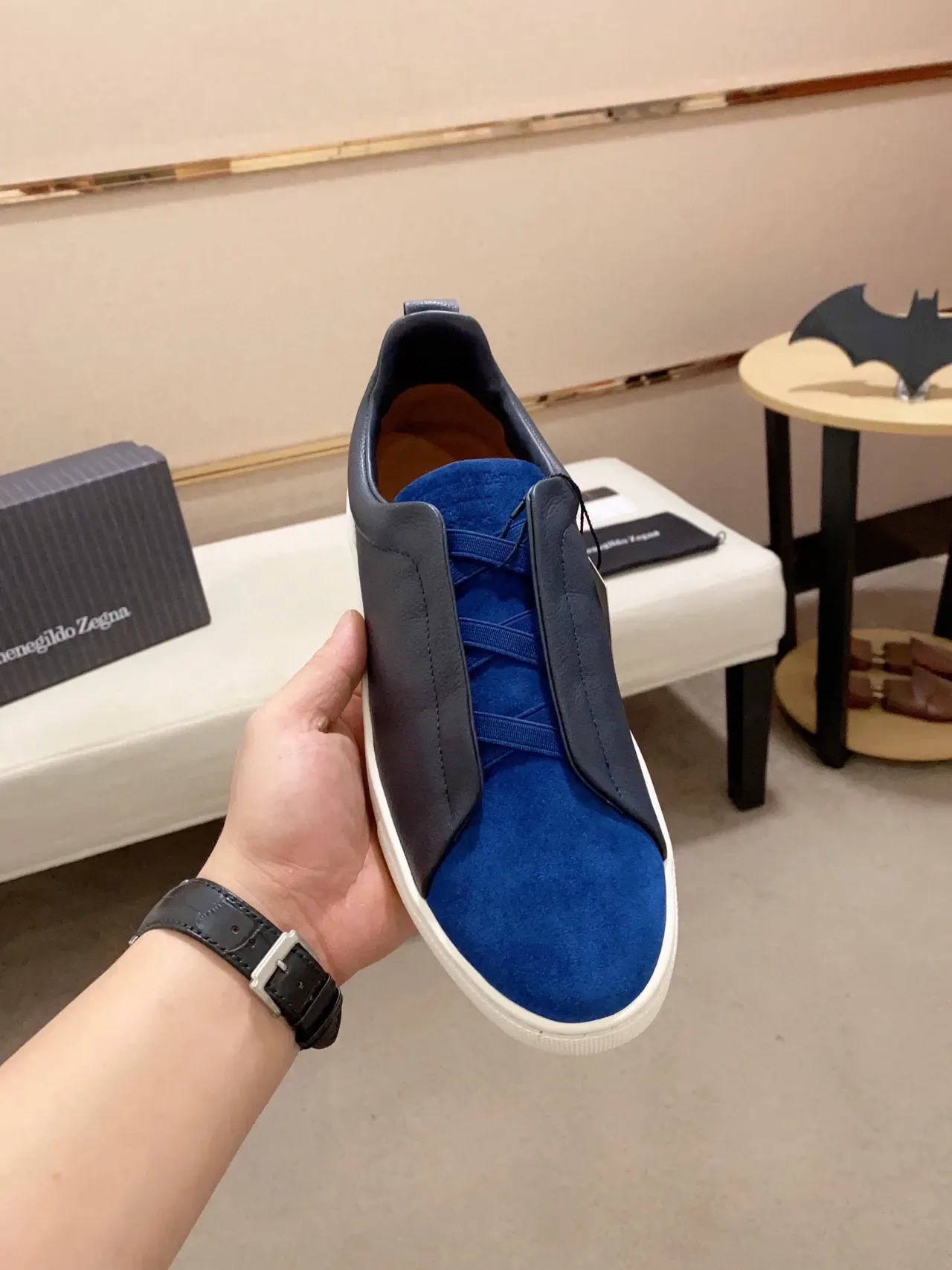 Zegna Zapatillas Slip-On Dos Tonos Navy y Azul Cuero y Ante 5